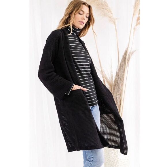 CY Fashion Long Black Open Semi Sheer waffle Knit Cardigan Size Small-NWT - Picture 15 of 16